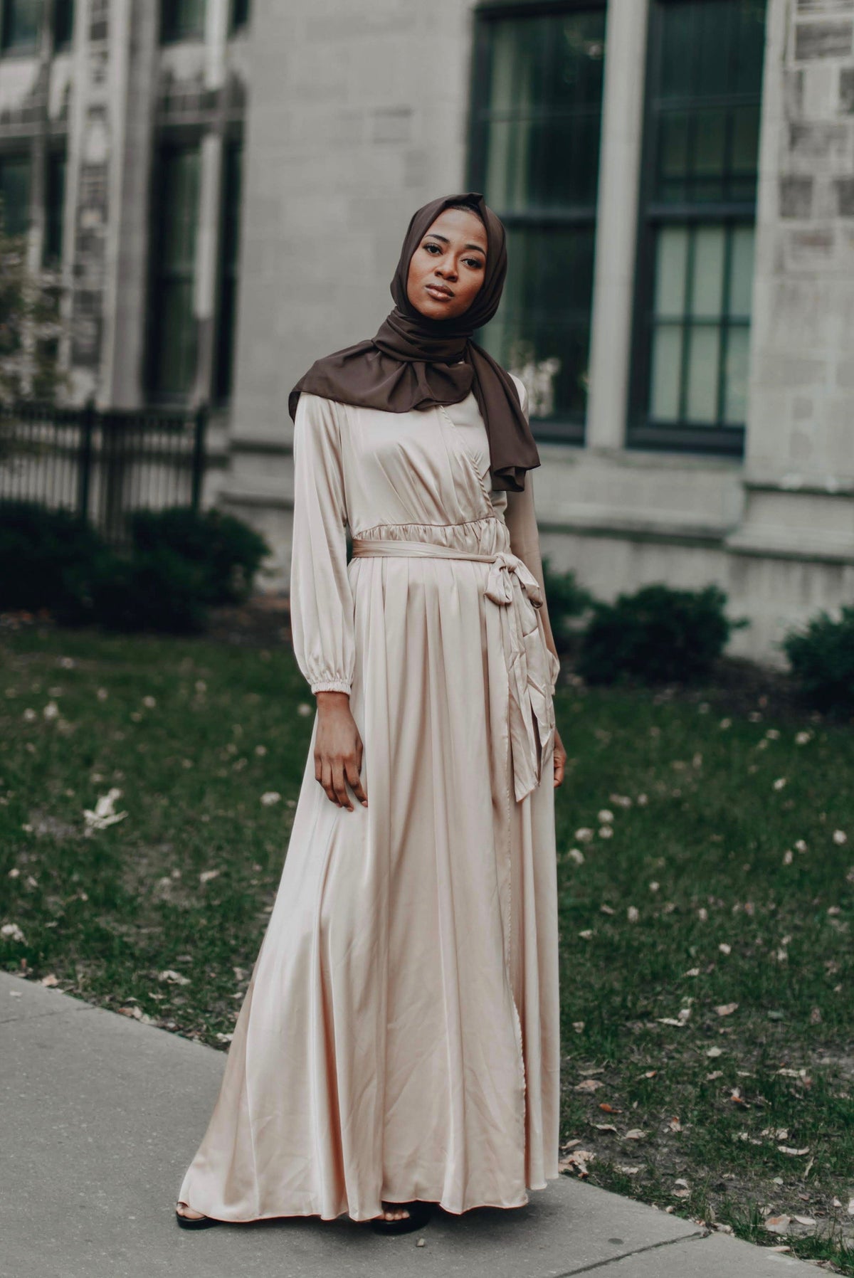 Modest Satin Dress - Gold Champagne-Niswa Fashion