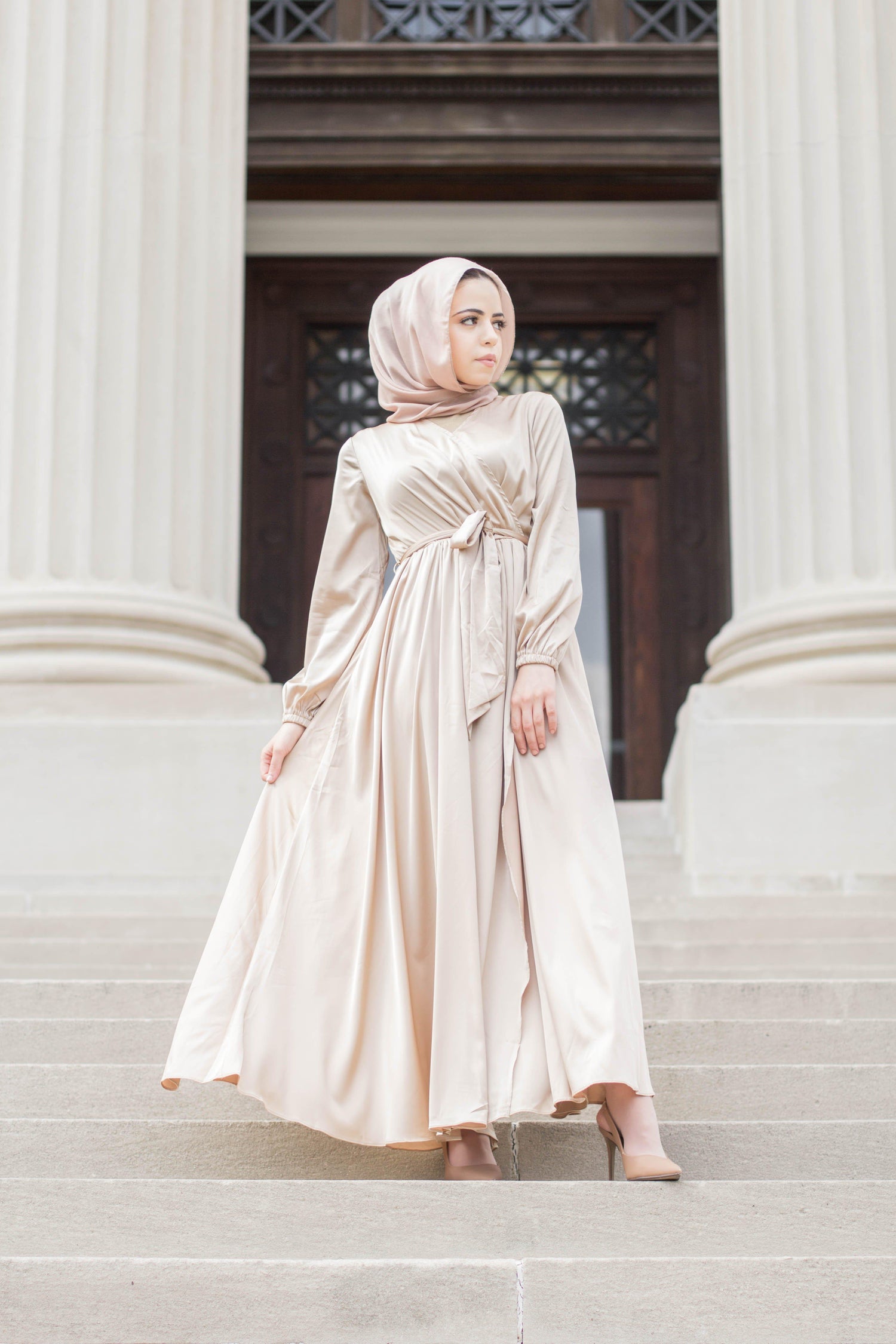 Modest Satin Dress - Gold Champagne-Niswa Fashion