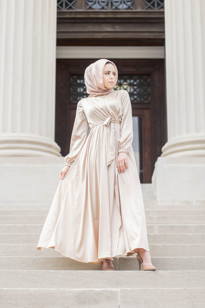 Modest Satin Dress | Gold Champagne | M - 60 | Buttoned High Neckline, Long Sleeves, Pleats, Belt | Clothing | Niswa Fashion Modest Satin Dress | Gold Champagne | M - 60 | Buttoned High Neckline, Long Sleeves, Pleats, Belt | Clothing | Niswa Fashion