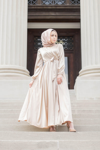 Shop Muslim Satin Dress For Women - Gold Champagne Niswa Fashion Shop Muslim Satin Dress For Women - Gold Champagne Niswa Fashion