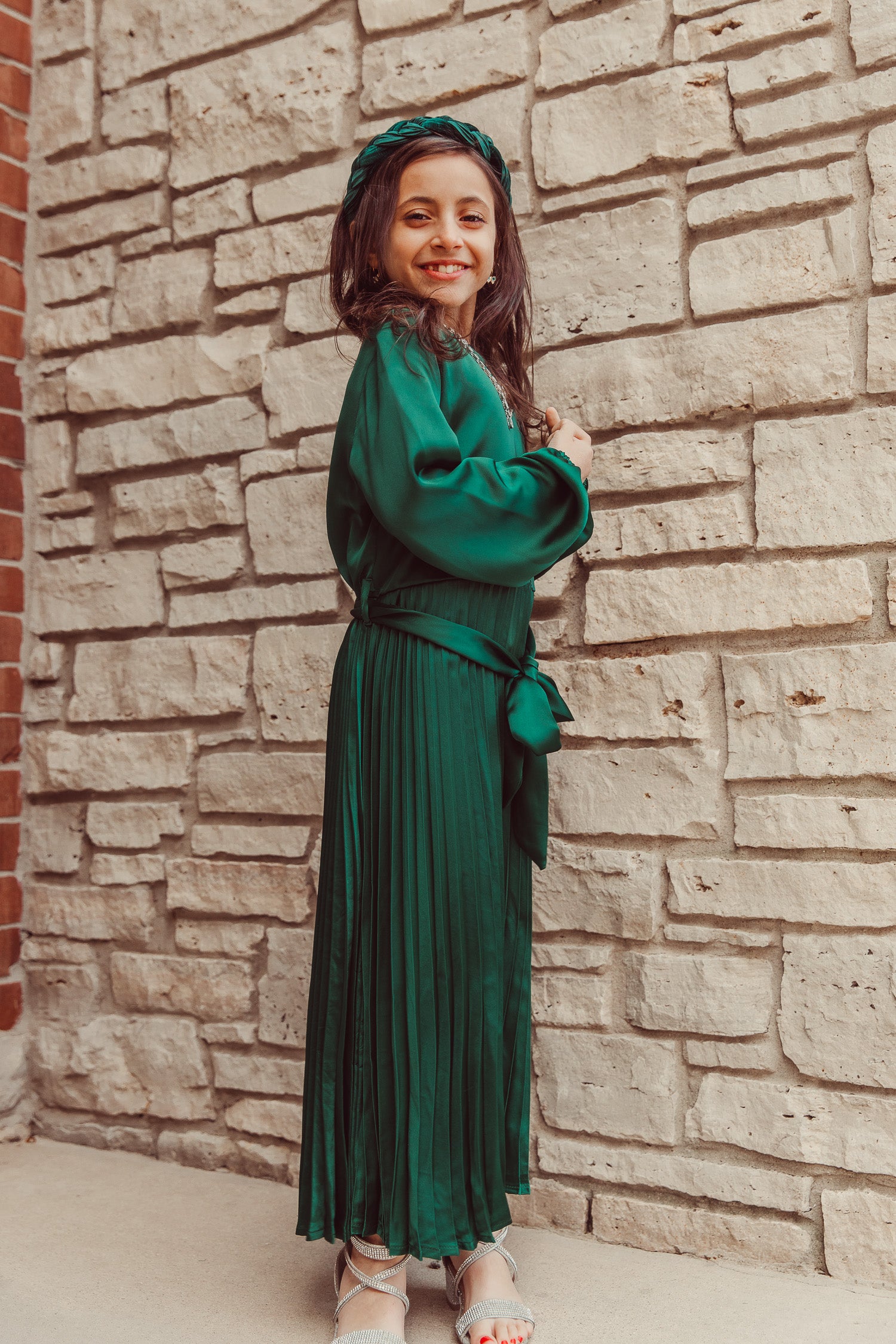 Mini Ayla Pleated Satin Gown | Size 6 | Emerald | Pleated Design, Balloon Sleeves | Kids Clothing | Niswa Fashion Mini Ayla Pleated Satin Gown | Size 6 | Emerald | Pleated Design, Balloon Sleeves | Kids Clothing | Niswa Fashion