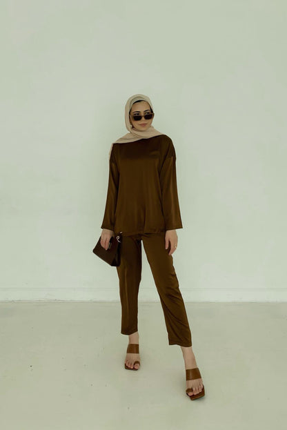 Zara Top &amp; Trouser Set - Coffee Bean-Niswa Fashion